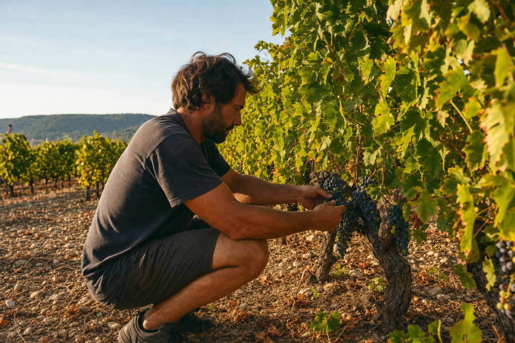 Ilustración editorial sobre Viticultores franceses y la industria de la piedra natural.
